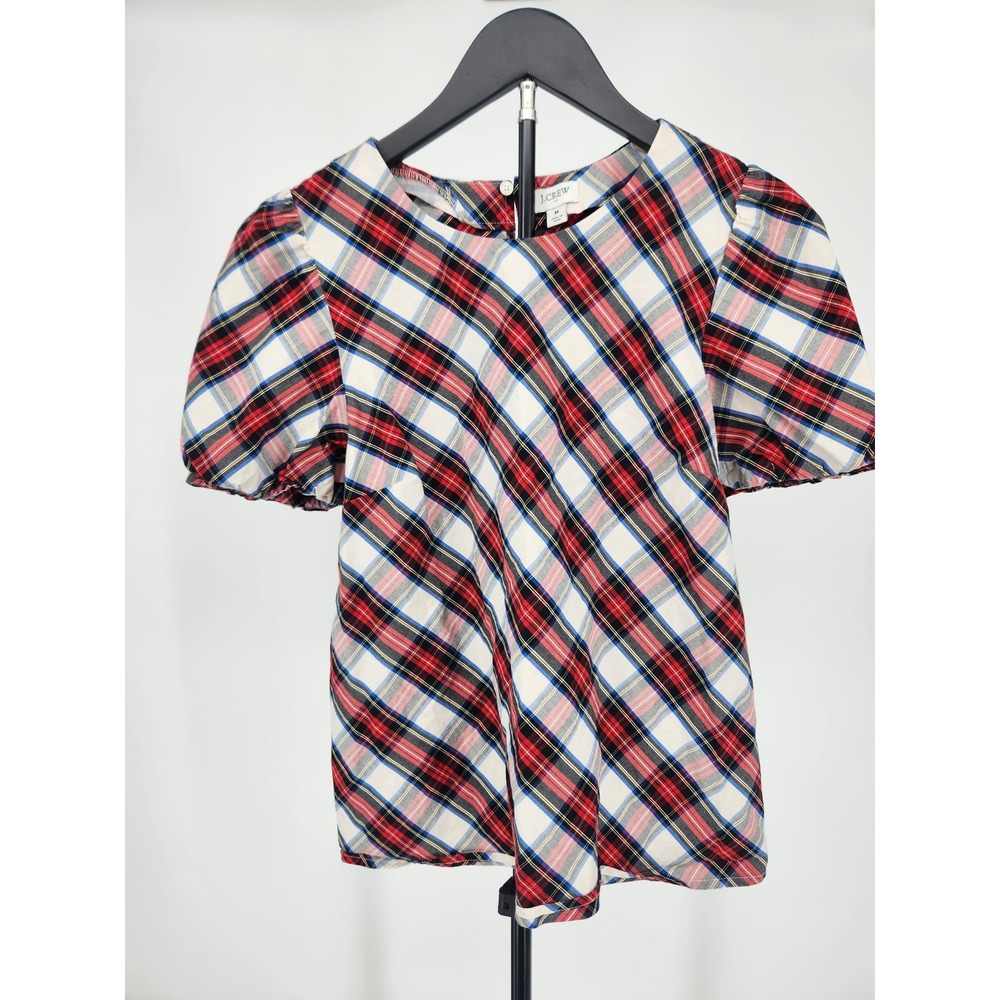 J.Crew Womens Red White Blue Plaid Puff Sleeve Blouse Top Medium Cotton Blend